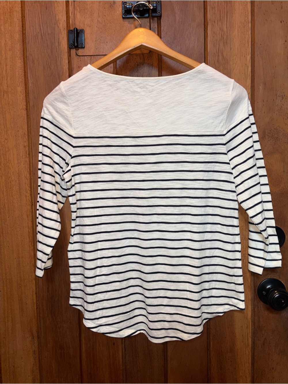 Chico’s “Ultimate Tee” Classic White and Navy Striped Women’s Boatneck Top - Picture 2 of 2